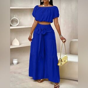 •Goddess Mode•Royal Blue OTS 2-Piece Glam Crop Top & Wide Leg Palazzo Pants Set